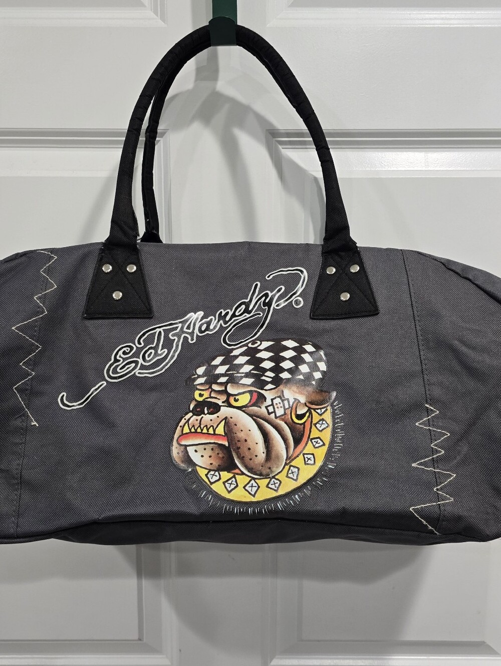 Ed Hardy Gray Graphic Duffel Bag with Bulldog Motif Canvas